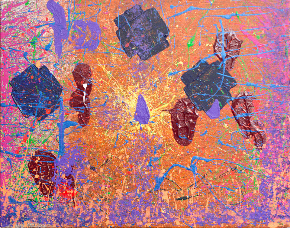 A dynamic abstract painting featuring an explosion of vibrant colors and textures. Dominated by electric purple splatters and crimson shapes against a burnt orange background, it creates a sense of movement and energy.